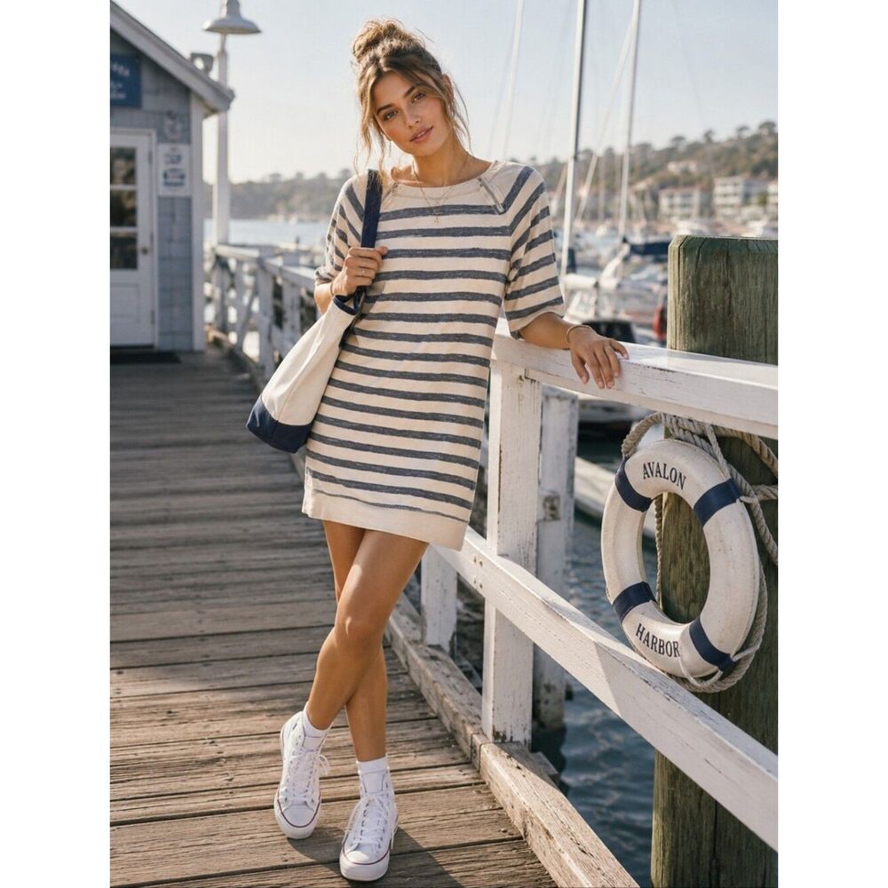 Ann Taylor Loft Gray Striped Dress XS Nautical Coastal Preppy Summer Vacation